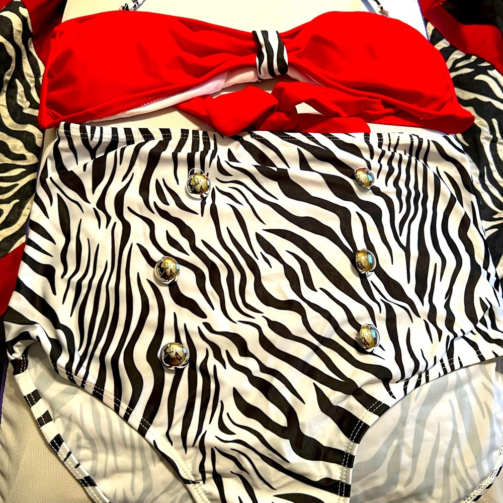 XL red and zebra tie neck, hi waist swimsuit